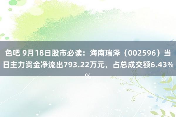 色吧 9月18日股市必读：海南瑞泽（002596）当日主力资金净流出793.22万元，占总成交额6.43%